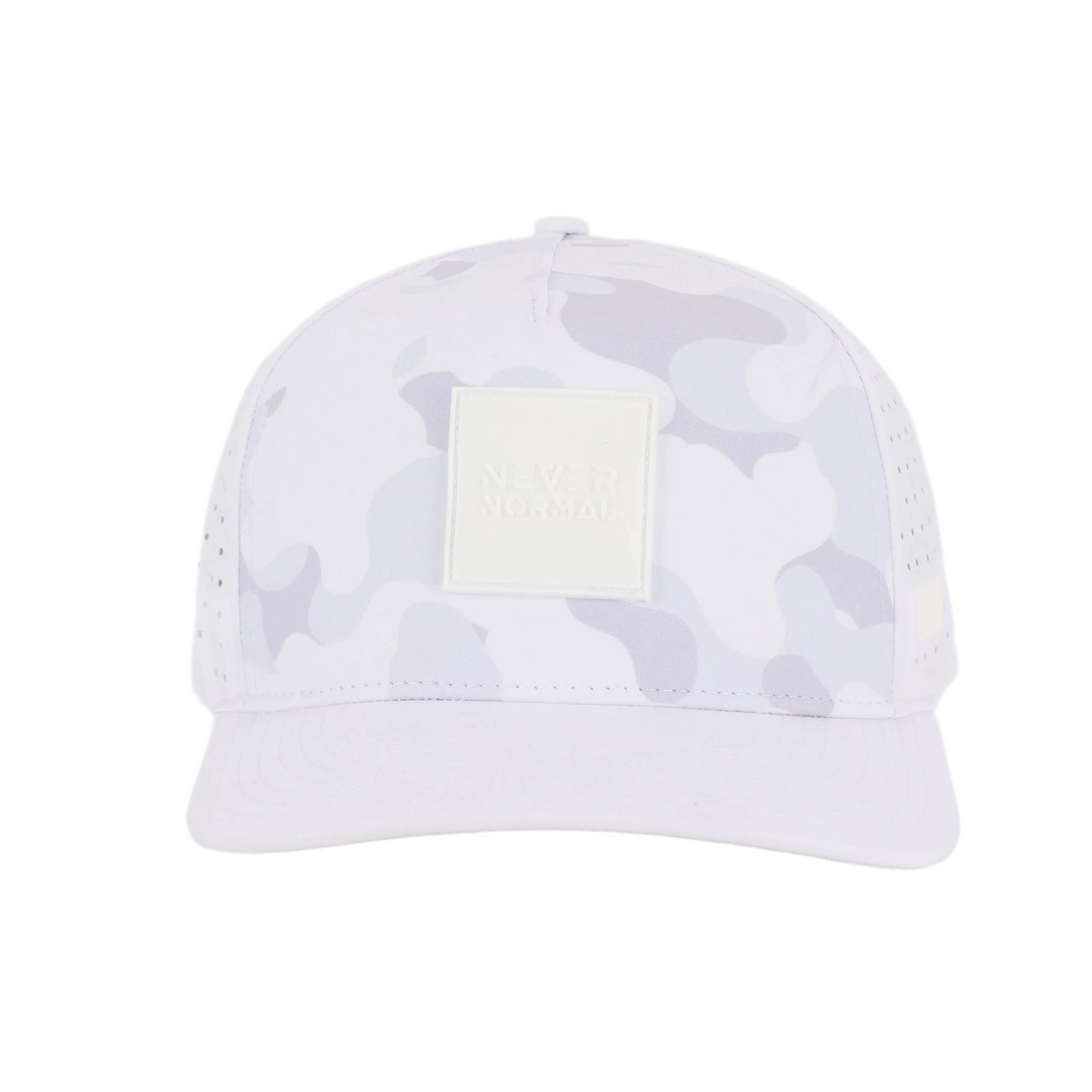 Water resistant Snow White camo snapback cap with breathable mesh