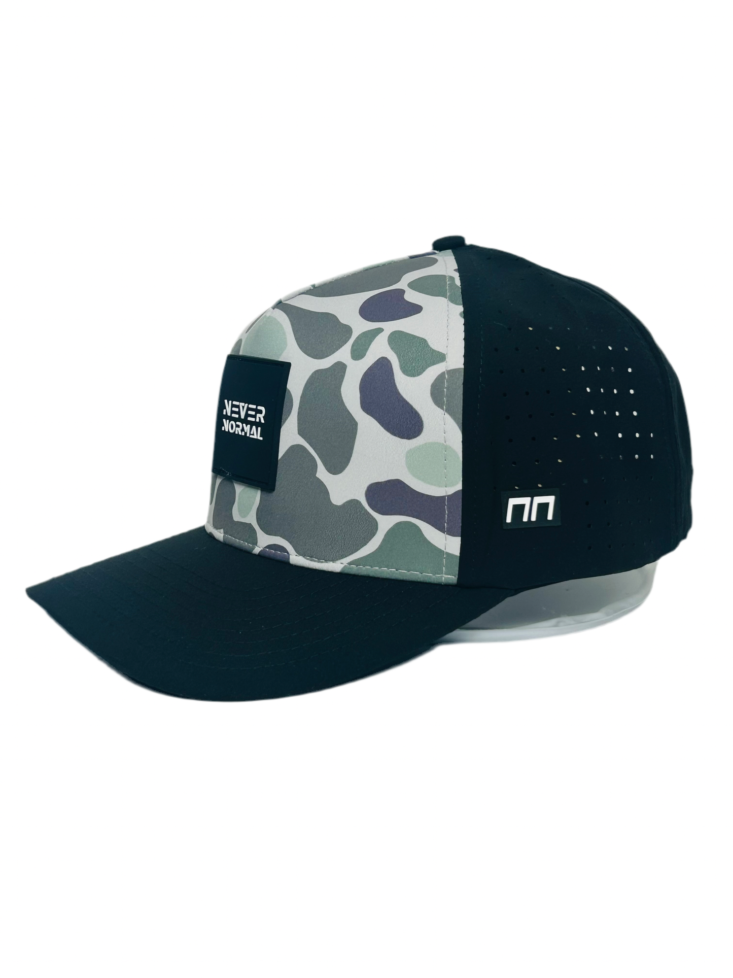 Camo snapback cap with breathable panels and water resistance