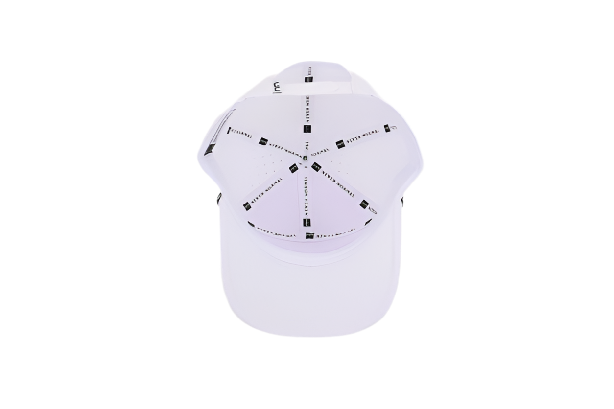 White 7 panel hat with snapback and rope detail