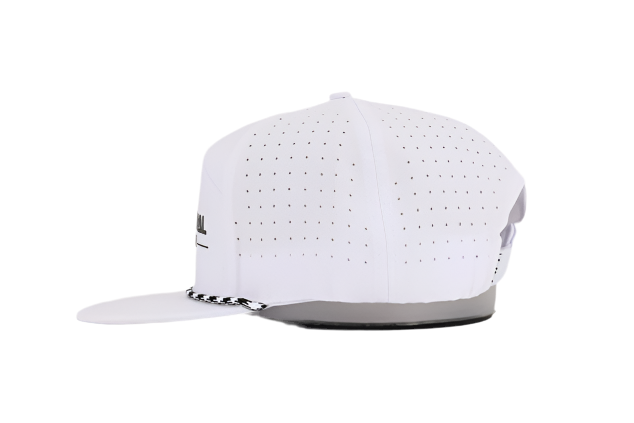 White 7 panel hat with snapback and rope detail