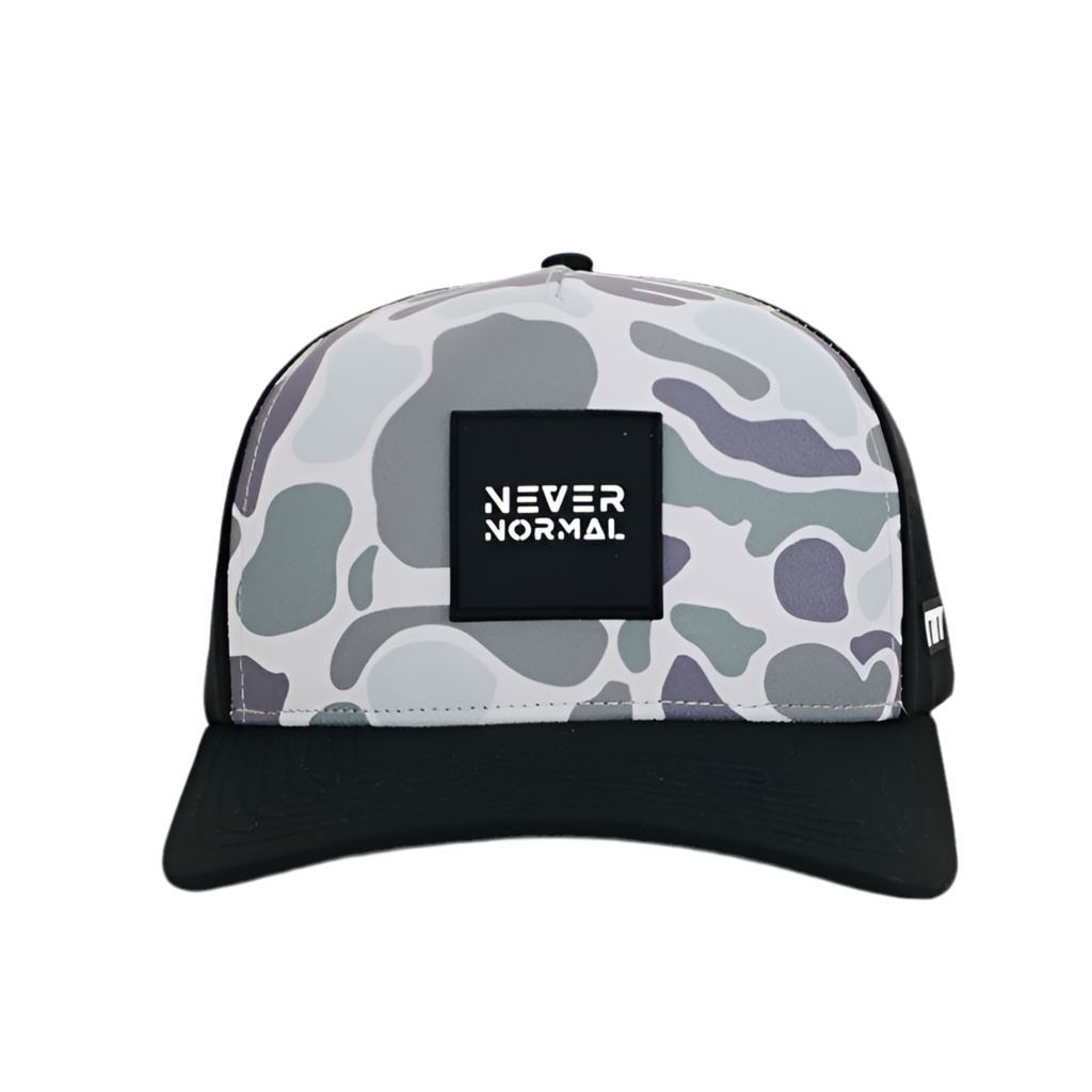 Camo snapback cap with breathable panels and water resistance