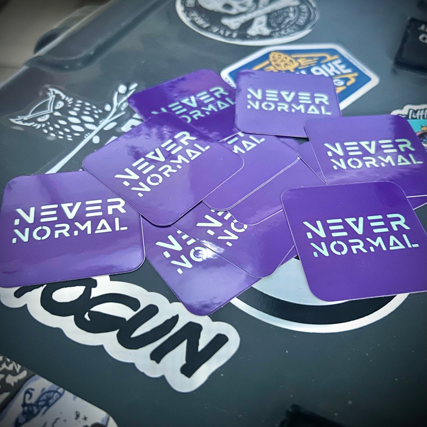 Purple holographic glossy laminate vinyl sticker 2x2